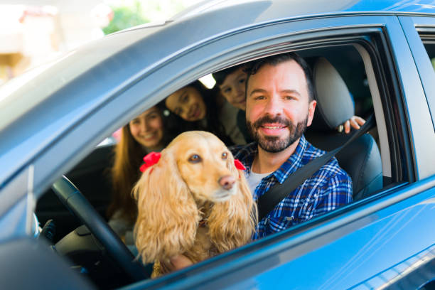 istock Caucasian family having fun driving with their dog 1457775270