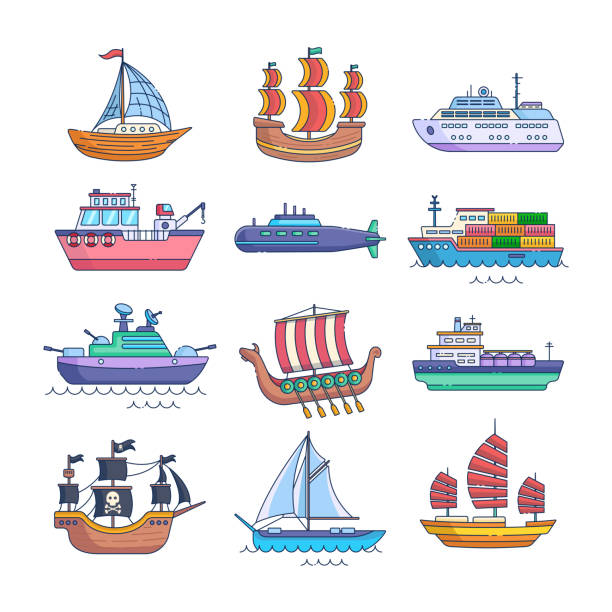 illustrazioni stock, clip art, cartoni animati e icone di tendenza di set di navi dei cartoni animati. - caravel nautical vessel sailing ship passenger ship