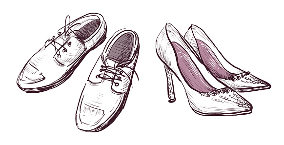 Fashionable women's, men's shoes on a white background. Sketch illustration, hand drawing. Vintage style, shoe collection