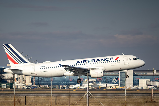 Bucharest, Romania - January 17, 2023: Air France, F-GKXO, Airbus A320-214, aircraft lands at Henri Coanda Airport in Otopeni.