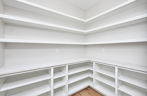 Empty pantry interior with white shelves