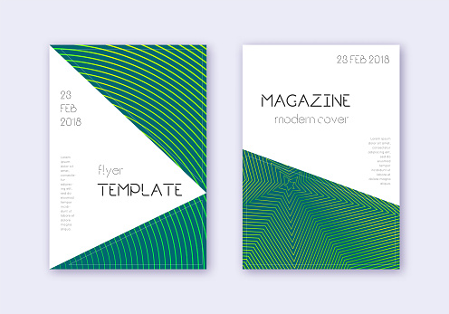 Triangle cover design template set. Green abstract lines on dark background. Impressive cover design. Resplendent catalog, poster, book template etc.