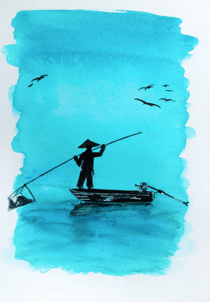 보트를 탄 어부가 바다 근처에서 물고기를 잡고 수채화 그림을 그립니다. 파란색 배경입니다. - color image colored background nautical vessel sea stock illustrations