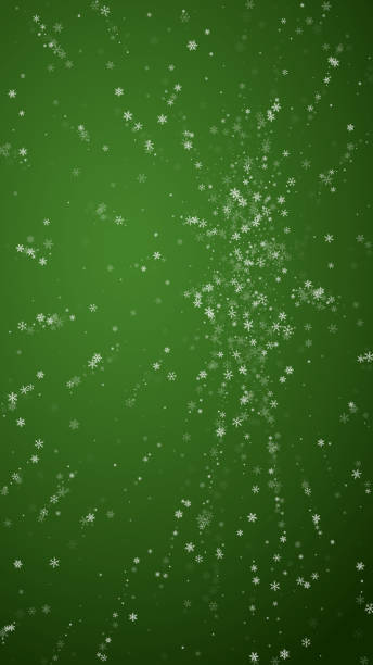 istock Beautiful snowfall christmas background. Subtle flying snow flakes and stars on christmas green background. Beautiful snowfall overlay template. Vertical vector illustration. 1457784388