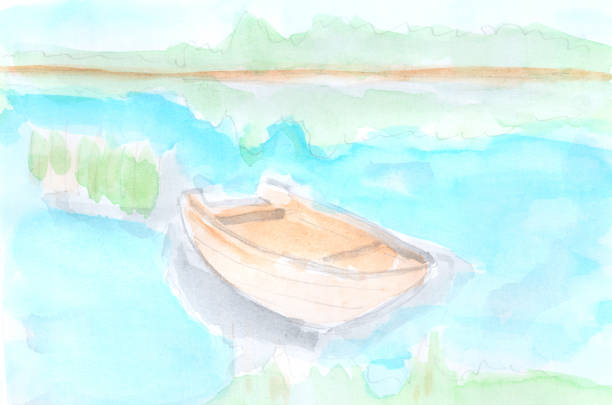 istock Summer landscape, boat, summer, recreation. Watercolor, art decoration, sketch. Illustration hand drawn modern 1457787585