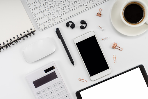 Desk, Digital Tablet, Calculator, Smart Phone, Coffee - Drink