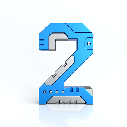 Number two 3D sci-fi logo. Cyber technology abstract texture alphabet font. Hi tech metallic number 2 typography character design illustration, blue silver metal text , 3d rendering
