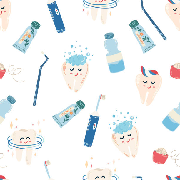 0066_teeth_cleaning Cleaning teeth seamless pattern. Set of teeth cleaning, toothpaste, brush, floss, happy teeth. Dental and oral care abstract concept. Cartoon contemporary flat vector illustration toothbrush toothpaste backgrounds beauty stock illustrations