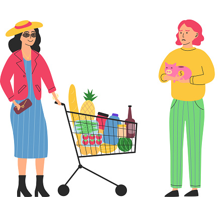 Richness and poverty concept. Sad poor woman holding piggy bank and happy rich woman. Class and monetary inequality in human society. Lady with shopping cart full of purchases and thrifty housewife