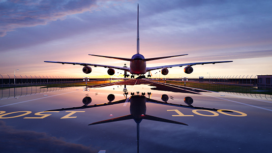 3D illustration Render. Passenger plane is landing during a wonderful sunrise.
