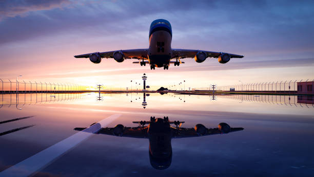 istock 3D illustration Render. Passenger plane is landing during a wonderful sunrise. 1457798782