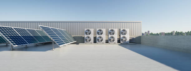 istock 3d rendering of photovoltaic cell on solar panel, condenser unit or compressor on rooftop. Eco building with system technology for future. To generate electrical power or direct current electricity. 1457799450