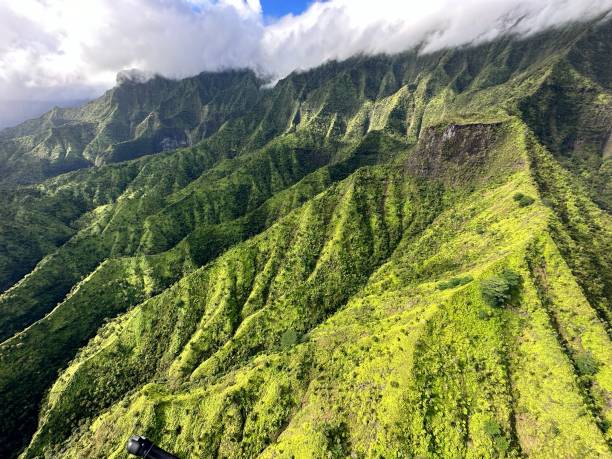 istock Lush Kauai Hawaii Cliffs and Valletys from Helicopter 1457800635