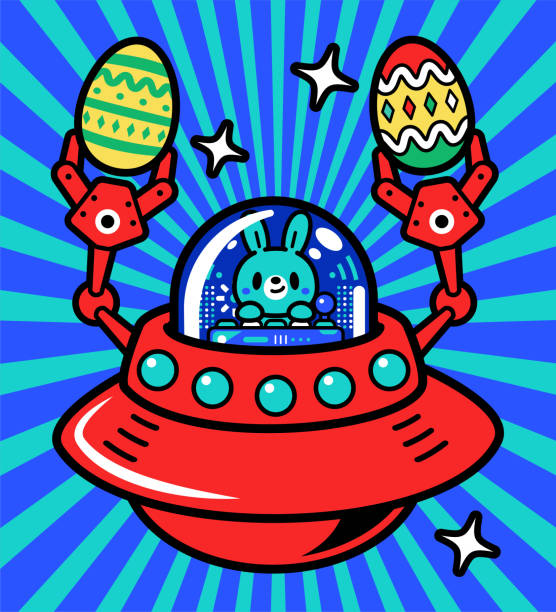 illustrazioni stock, clip art, cartoni animati e icone di tendenza di un simpatico coniglietto sta pilotando un'astronave unlimited power nel metaverso e sta andando a caccia di uova di pasqua - pilotando