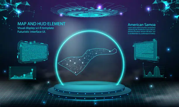 Vector illustration of American Samoa map light connecting effect background. abstract digital technology UI, GUI, futuristic HUD Virtual Interface with Samoa map. Stage futuristic podium in fog.