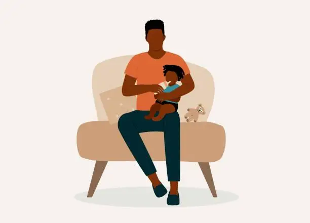 Vector illustration of Black Father Feeding His Baby With Milk Bottle.