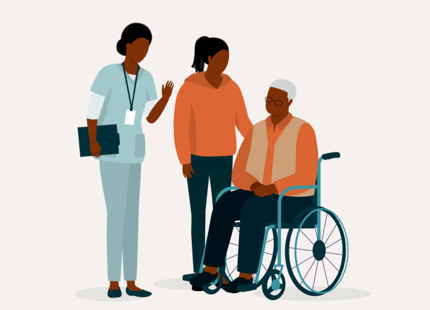 ilustrações de stock, clip art, desenhos animados e ícones de black granddaughter visiting her grandfather and was welcome by a friendly nursing assistant. - wheelchair disabled senior adult female nurse