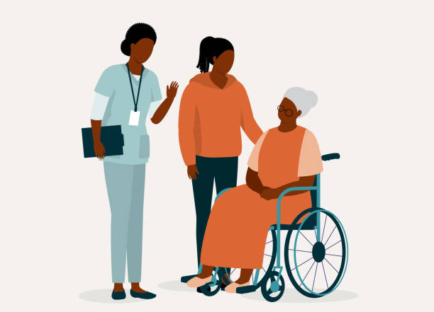 ilustrações de stock, clip art, desenhos animados e ícones de black granddaughter visiting her grandmother and was welcome by a friendly nursing assistant. - social worker illustrations