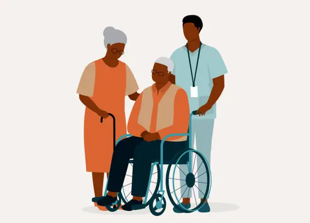 Vector illustration of Black Senior Wife With Her Senior Husband In Wheelchair Is Being Taken Care By A Male Nurse.