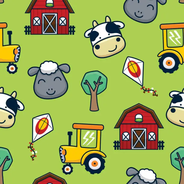 Vector illustration of seamless pattern vector of farmyard theme set cartoon