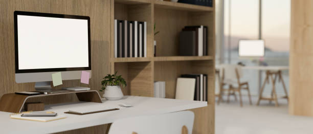 istock side view, Minimal and comfortable office workspace with computer mockup, wooden shelves 1457809454