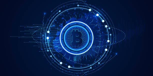 Futuristic digital background with bitcoin. Technology network concept. Bitcoin symbol with futuristic HUD interface, digital currency career astrology stock illustrations