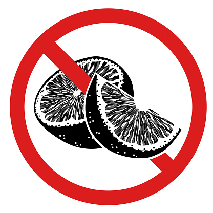 Vector forbidden sign with monochrome orange fruits for stickers and badges. Do not eat citrus. Allergy danger. Picking fruit is prohibited.