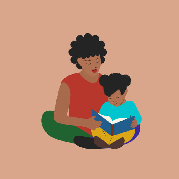 ilustraciones, imágenes clip art, dibujos animados e iconos de stock de madre afroamericana leyendo a su hija - ilustraciones de madre e hijos