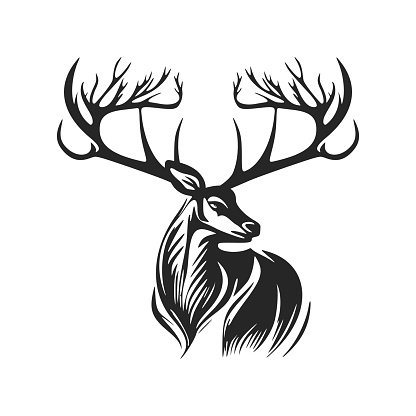 High contrast black and white vector symbol illustration depicting a deer with antlers.