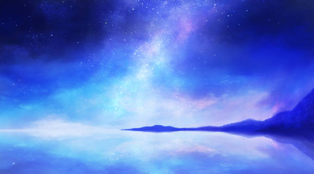 istock Blue starry sky and sea landscape illustration, Water surface reflecting the starry sky 1457818557