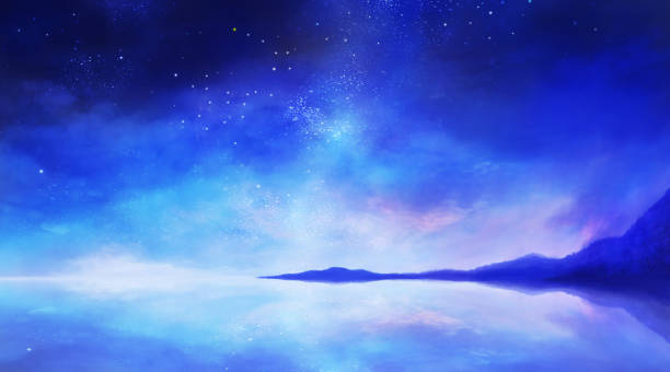 istock Blue starry sky and sea landscape illustration, Water surface reflecting the starry sky 1457818574