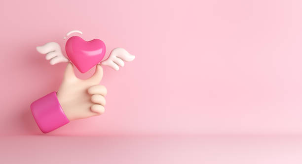 istock Happy Valentines day background with 3d cartoon hand holding heart shape wing, copy space text, 3D rendering illustration 1457819271