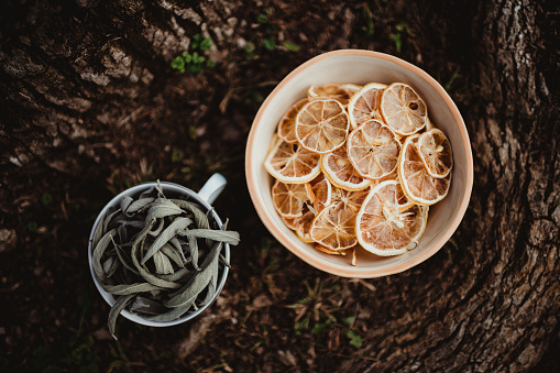 Dried orange and lemon slices and leaves in a bowl for drinks