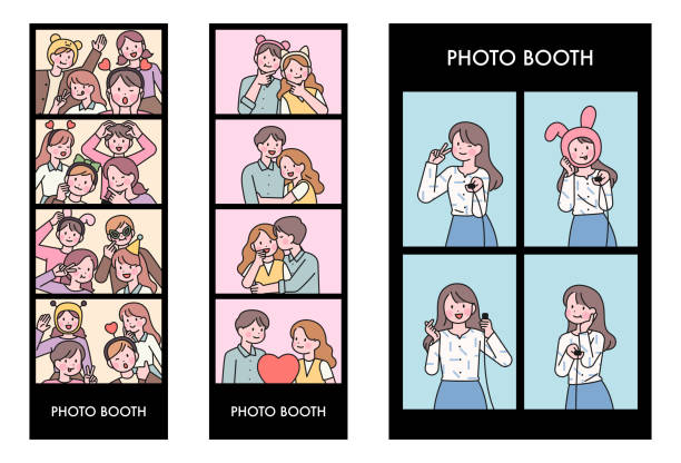 Four-frame photo concept taken at the photo booth. With friends, two couples, selfie. vector art illustration
