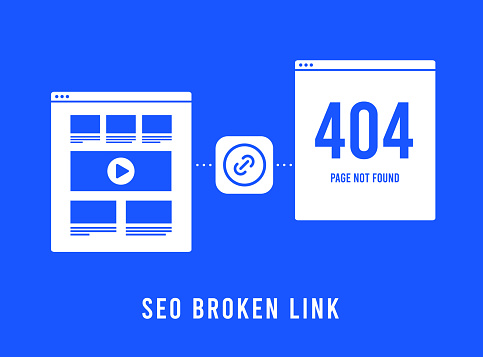 SEO Broken Link concept. Search engine optimization internal broken link or dead external backlinks. Broken link building - find and fix old dead seo links. Vector illustration.