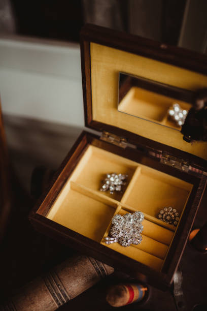 Antique jewelry box with brooch and earrings
