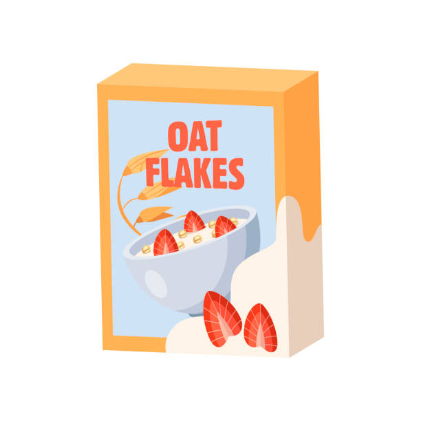 ilustraciones, imágenes clip art, dibujos animados e iconos de stock de caja de copos de avena para el desayuno ilustración de dibujos animados - oatmeal oat box container