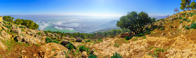Panoramic landscape of the Hula Valley (upper Jordan River valley), from Keren Naftali (Upper Galilee), Northern Israel