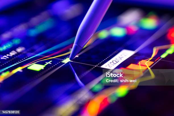 A Business Person Tracking The Technical Movement Of A Stock Chart On A Computer Screen Stock Photo - Download Image Now