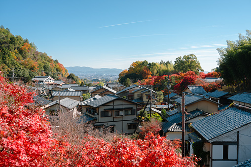 Panoramic view of Saga Toriimoto old town at autumn in Kyoto, Japan