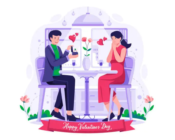 Vector illustration of A man giving an engagement box diamond ring. Marriage proposal. A couple on a date and having dinner on valentine's day. Vector illustration in flat style