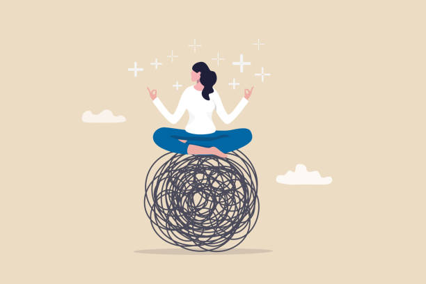 ilustrações de stock, clip art, desenhos animados e ícones de stress management, meditation or relaxation to reduce anxiety, control emotion during problem solving or frustration work concept, woman in lotus meditation on chaos mess line with positive energy. - harmonia