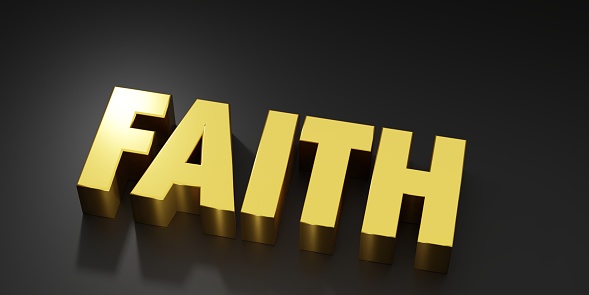 Faith word with shadow, background with text. 3D rendering.