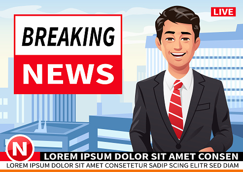 A young male news anchor wearing a dark suit and a red tie sitting in a television studio reading the news in front of city skyline. Vector illustration with space for text.