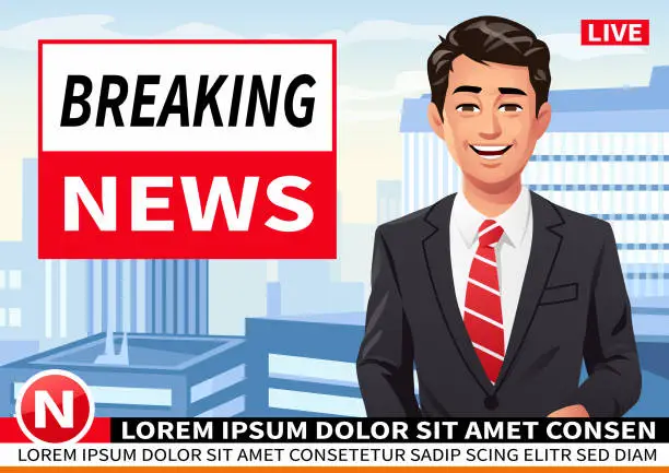 Vector illustration of Breaking NEWS- Young Male News Anchor