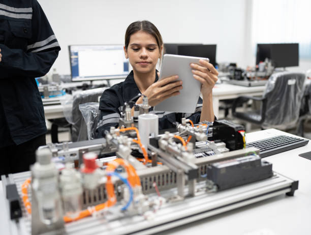 istock Engineer caucasian woman learning repair electric board with tablet computer in class 1457846637