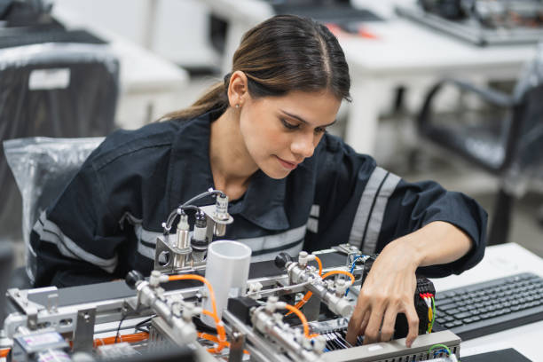 istock Engineer caucasian woman learning repair electric board in class 1457846638