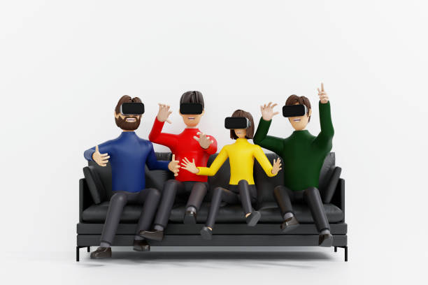 istock Group of friends enjoy virtual reality with VR glasses on couch, virtual reality technology cinema and gamming, 3D rendering. 1457846798