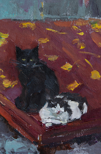 Cats two oil painting. Vertical portrait of street cats. The author's original illustration for the design of album covers, postcards, pages. The modern art of painting with oil paints. Funny animals