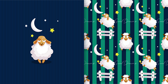 Business card and colorful seamless background with cartoon cute sleepy sheep in flat style with moon and stars. Modern creative illustration for app, website, presentation or design.